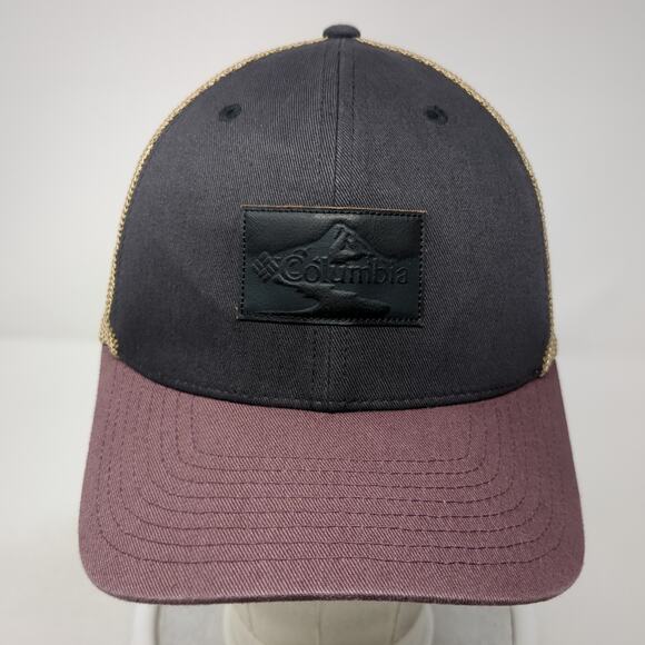 Columbia Fitted Trucker Hat Multicolor M Mesh Back Leather Patched 6 Panel - Picture 2 of 9